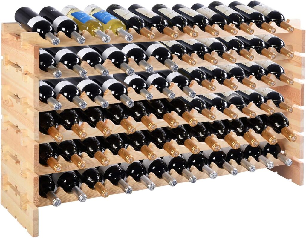 COSTWAY Stapelbare modulaire vloer wijnrek, 72 fles capaciteit wijnopslag rek, vrijstaande dennenhout vloer wijnopslag houder, Wijn Display planken, wiebel-vrij