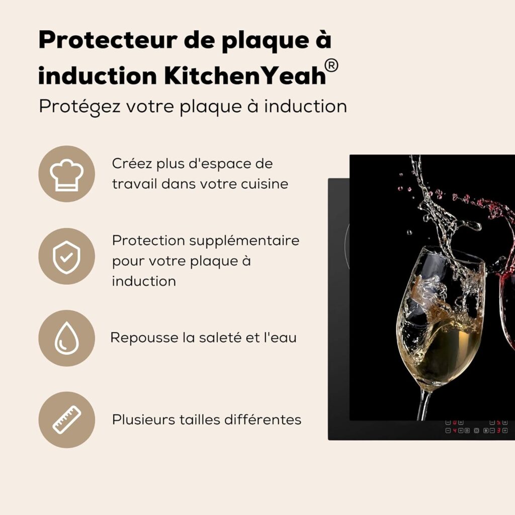 KitchenYeah© Inductie Beschermer 60x52 cm Keuken Decoratie Kookplaat Beschermer voor Inductiekookplaat Afdekplaat Anti Slip Mat - Rode Wijn - Witte Wijn - Glas - Zwart