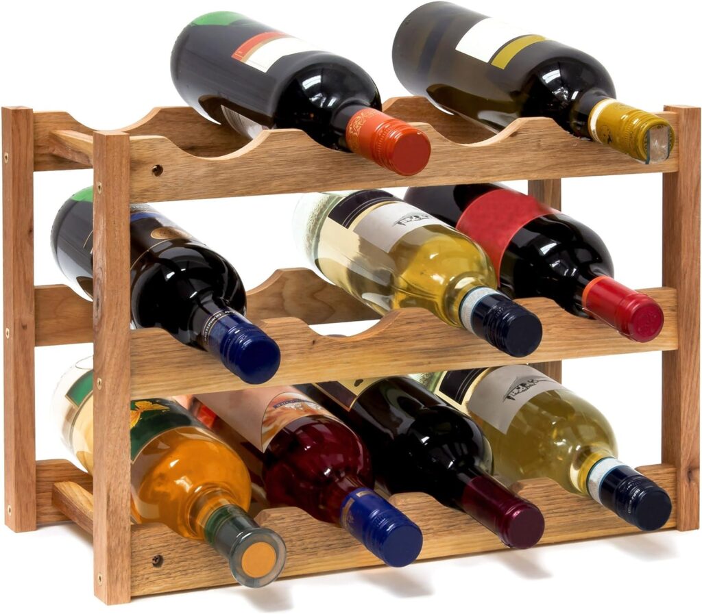 Relaxdays wijnrek klein, flessenrek met 3 niveaus voor 12 flessen wijn, naturel, hout, 42 x 21 x 28 cm